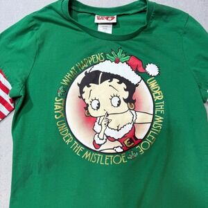 Betty Boop Juniors Long Sleeve Green Christmas Mistletoe Graphic‎ T Shirt XL XG
